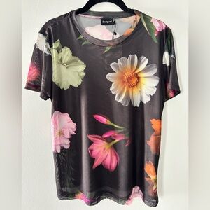 Desigual Black Tulle Top with Multicolor Floral Design